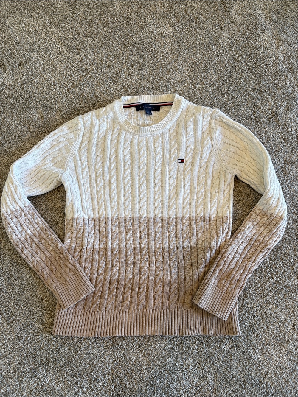 Tommy Hilfiger Cream and Tan Ombre Cable Crew Sweater size small 100% Cotton
